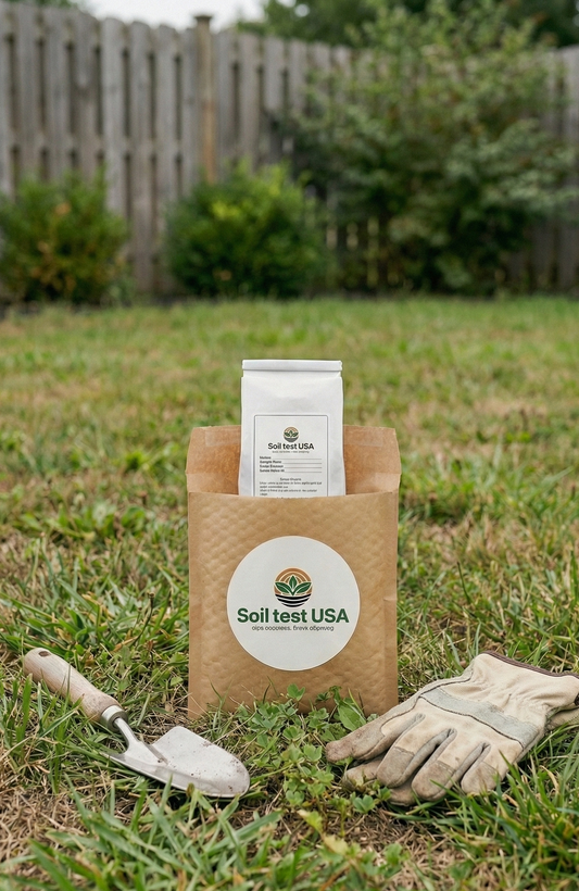 Soil test kit with gloves and trowel on grass